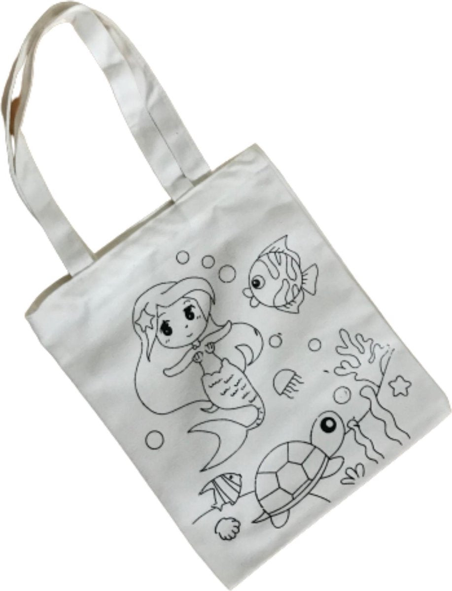 tasje zeemeermin | diy pakket | voorbedrukte linnen tas | cadeautjes | cadeautje tot 10 euro | linnen tasje | creatief kinderen | hobbypakket | Blijderij