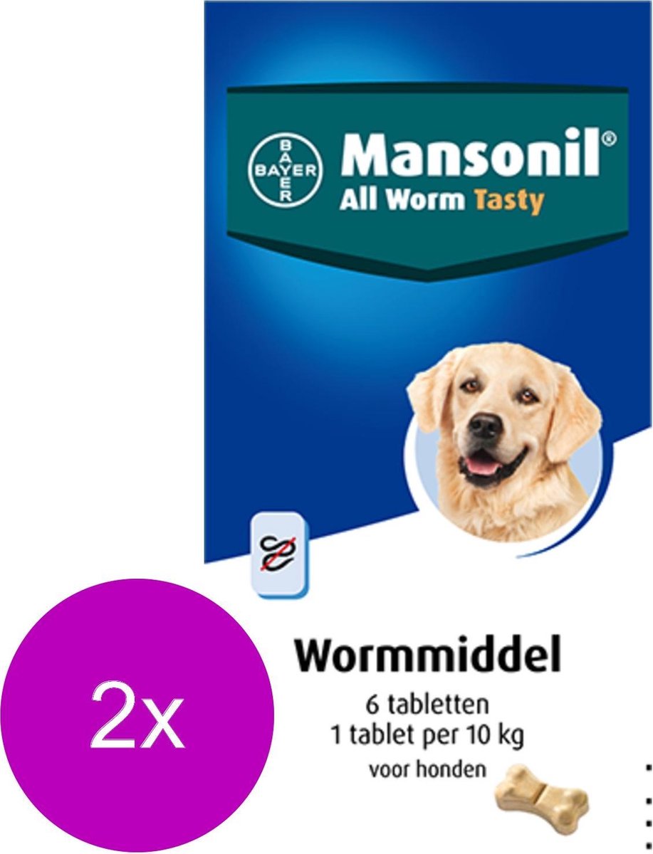 Mansonil All Worm Dog Tasty Small/Medium - Anti wormenmiddel - 2 x 6 tab Vanaf 2.5 Kg. 1 Tab Per 10 Kg