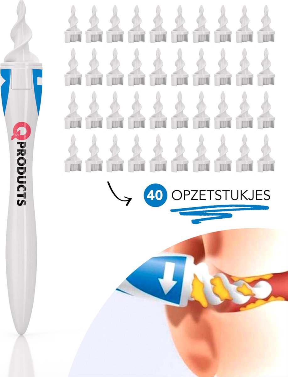 Qproducts Oorsmeer Verwijderaar - Inclusief 40 Opzetstukken - Oorreiniger - Oorsmeerverwijderaar - Oorsmeer Verwijderaar Spiraalvormig - q grips - qgrips - Oorlepel - Oor Schoonmaken - Ear cleaner