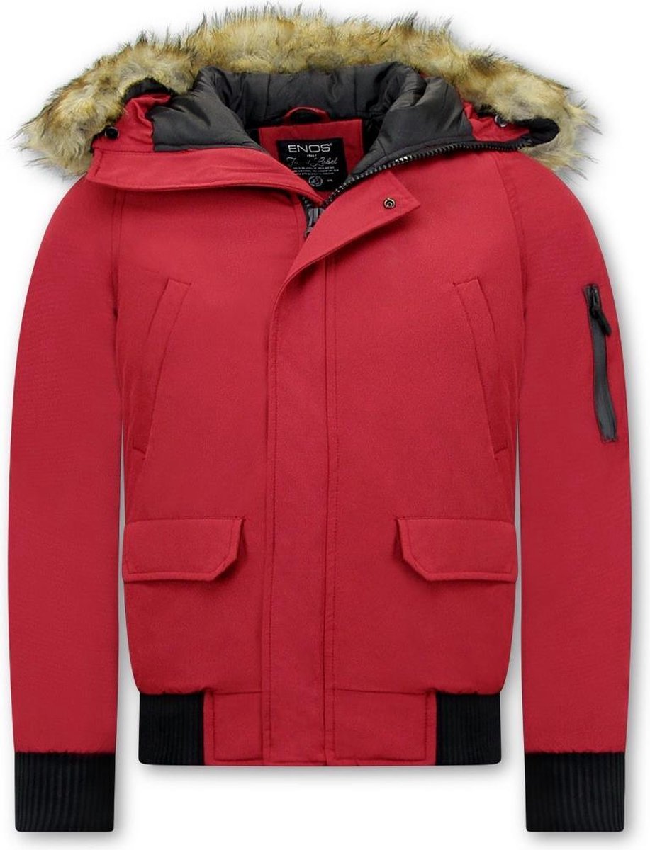 Enos Korte Heren Winterjas – Met Faux Bontkraag – Rood - Maat: L