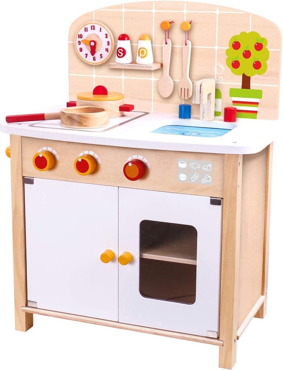 Tooky Toy Speelgoedkeuken meisjes 52 cm hout naturel/wit