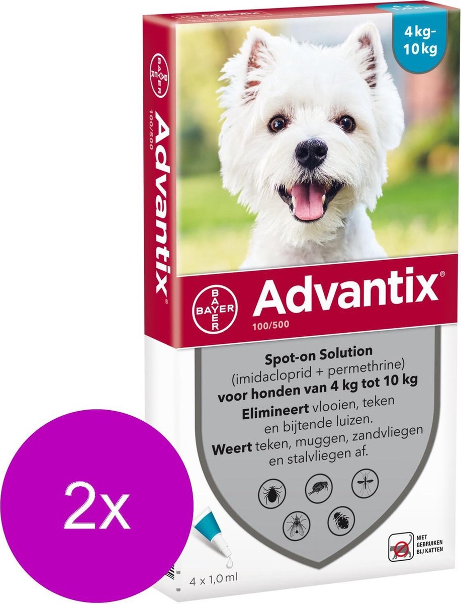 Bayer Advantix Vlooien & Teken Pipetten - Hond 4 tot 10kg - 2 x 4 stuks