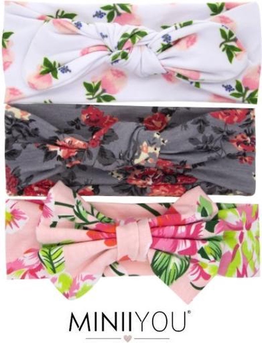 Set van 3 stuks | 6-24 maanden baby haarbandjes met strik - knoop roze grijs gebloemd | dreumes haarbandjes pack | meisjes haarband | baby hoofdband