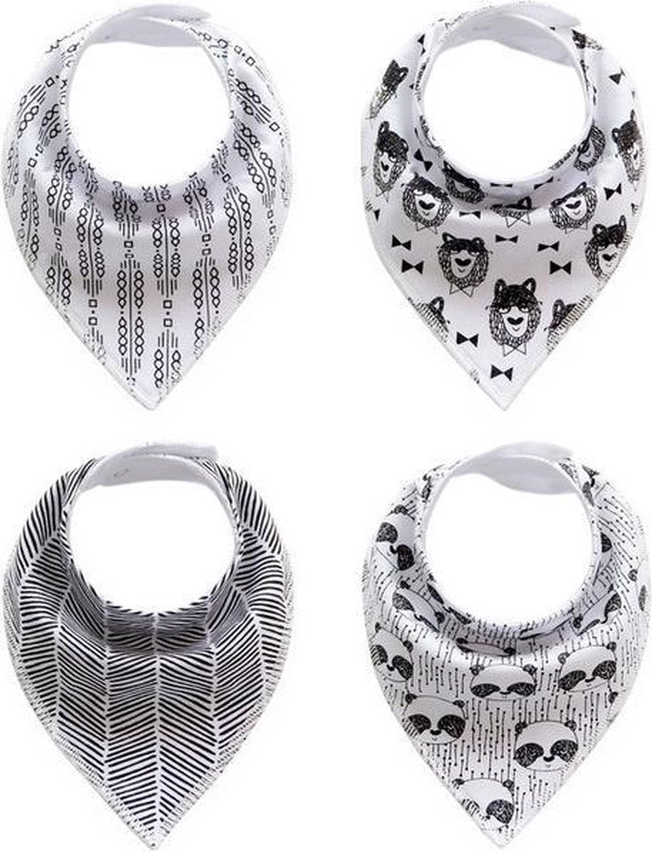 JillyBee - Slab - Slabbetje - Slabber - Bandana - 4pack - Panda - Pandabeer - Leeuw - Leeuwen - Zwart - Wit