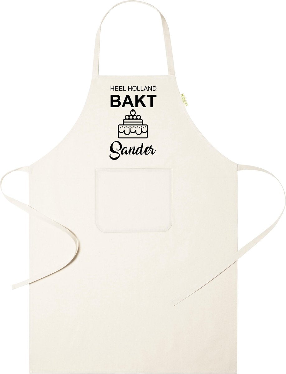 Mijncadeautje - Keukenschort "Oven" beige - Heel Holland bakt - opdruk Zwart - met voornaam