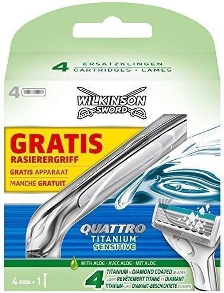 Wilkinson Scheermesjes - Quattro Titanium Sensitive 4 stuks + Houder