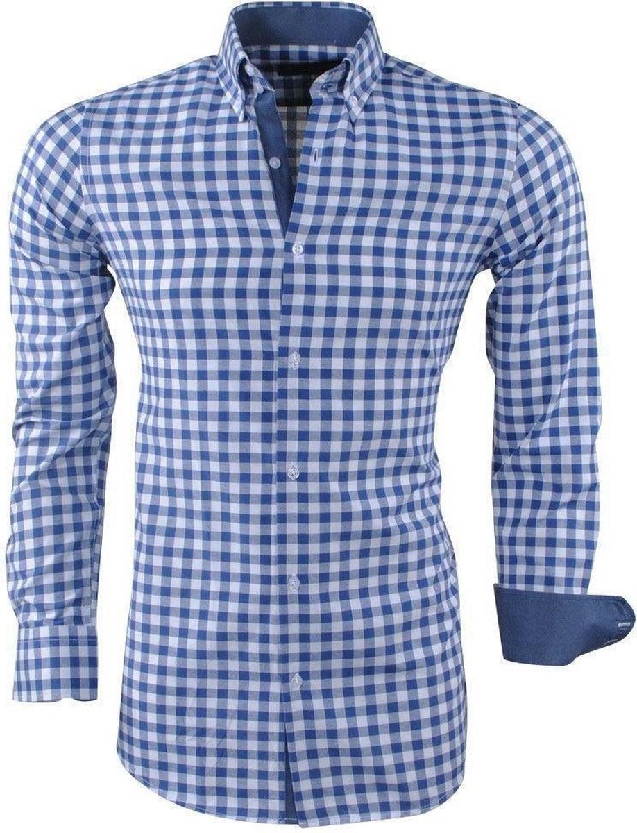 Montazinni - Heren Overhemd - Geblokt - Blauw