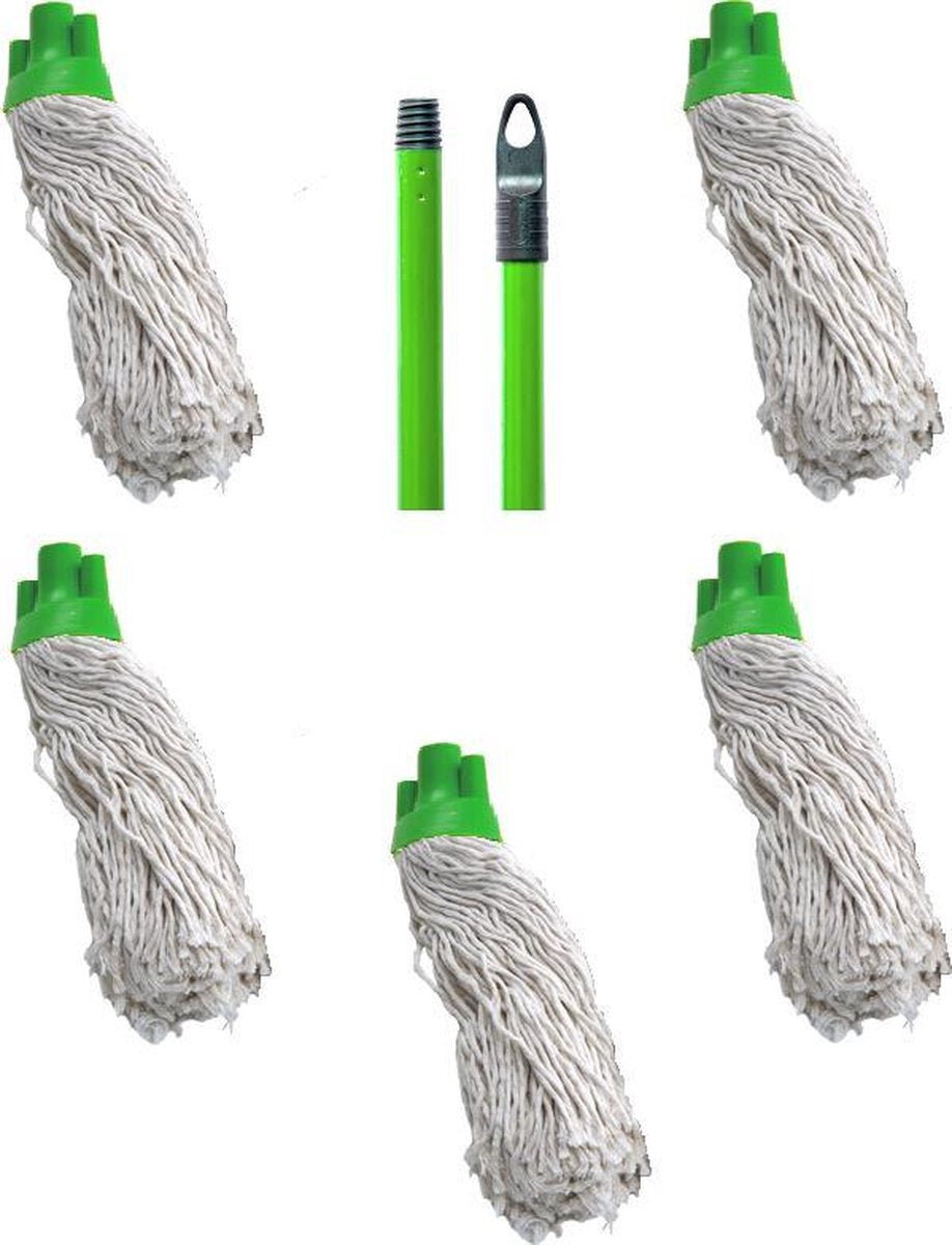 Maus spaanse mop met steel groen - 5 dweilen met 1 dweilstok