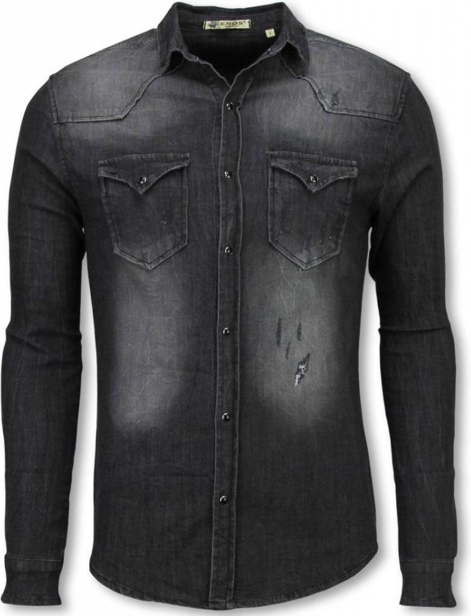 Enos Denim Overhemd - Slim Fit Lange Mouwen Heren - Washed - Grijs - Maten: XS