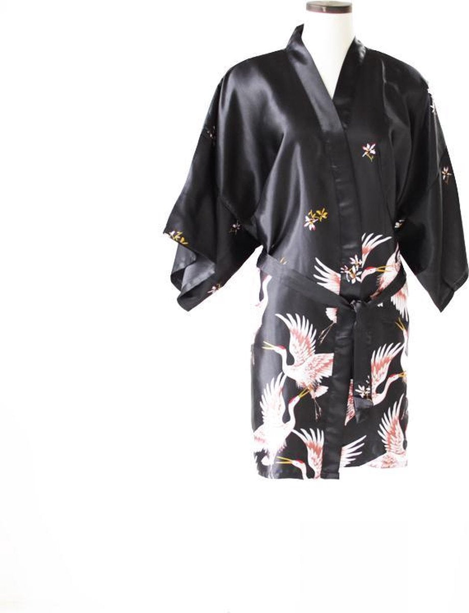 TA-HWA Korte Kimono met Kraanvogels Zwart Dames Kimono S