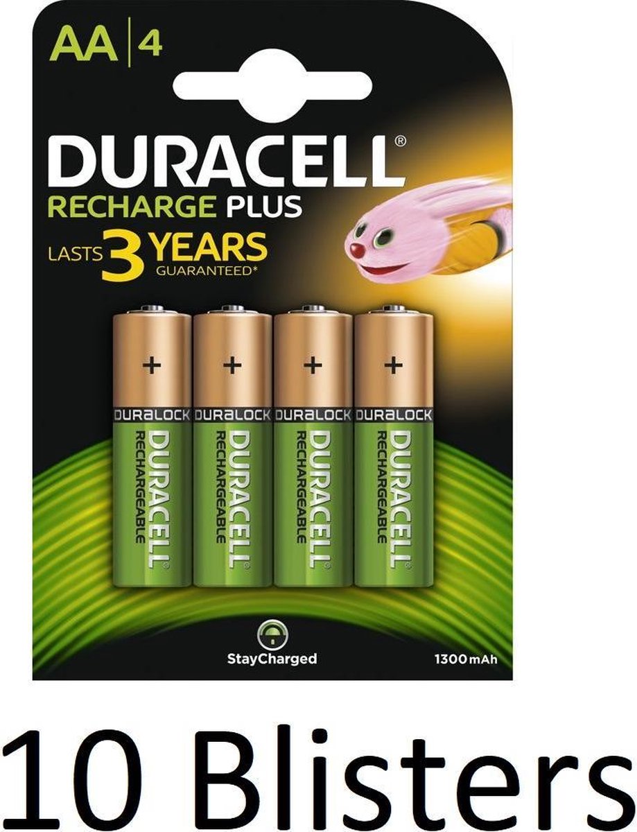 40 Stuks (10 Blisters a 4 st) Duracell AA Oplaadbare Batterijen - 1.300 mAh