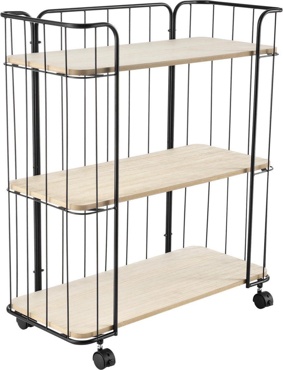 Keukentrolley met 3 planken 79x70x31cm zwart en hout