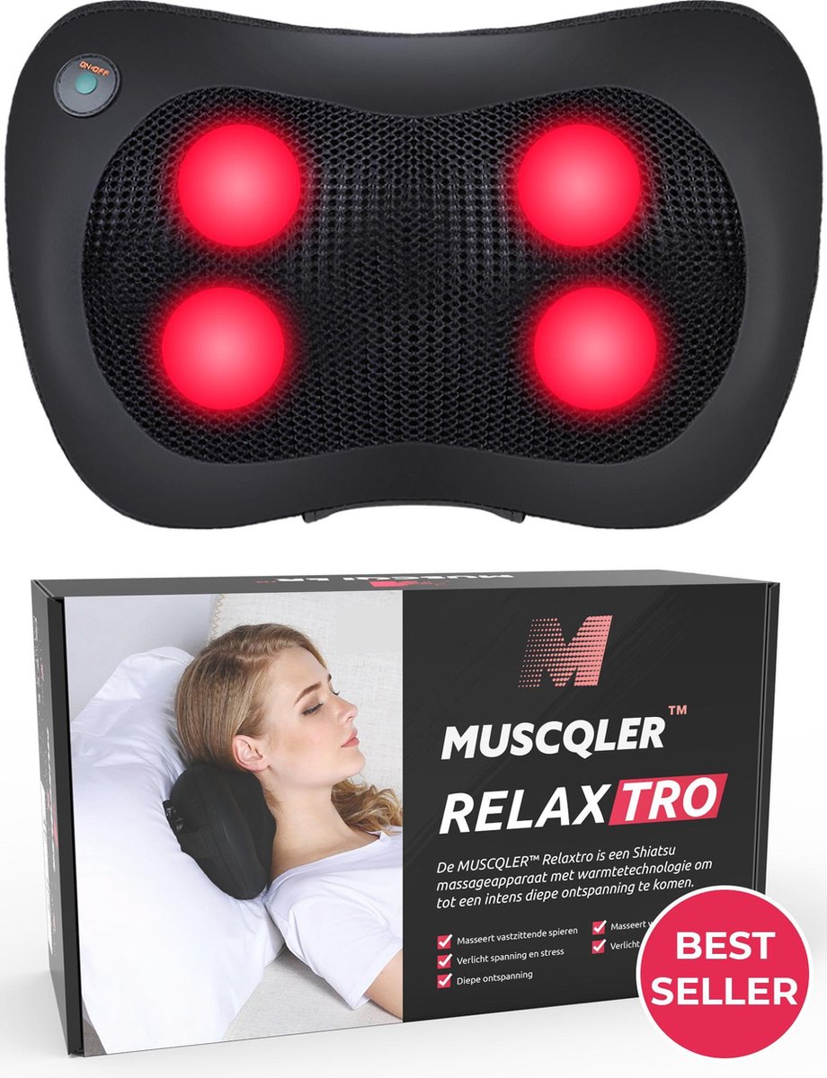 MUSCQLER RELAXTRO Massage Kussen - Shiatsu Massagekussen - Nekmassage Apparaat - Infrarood Massageapparaat - Bevordert Slaapkwaliteit en Spierherstel