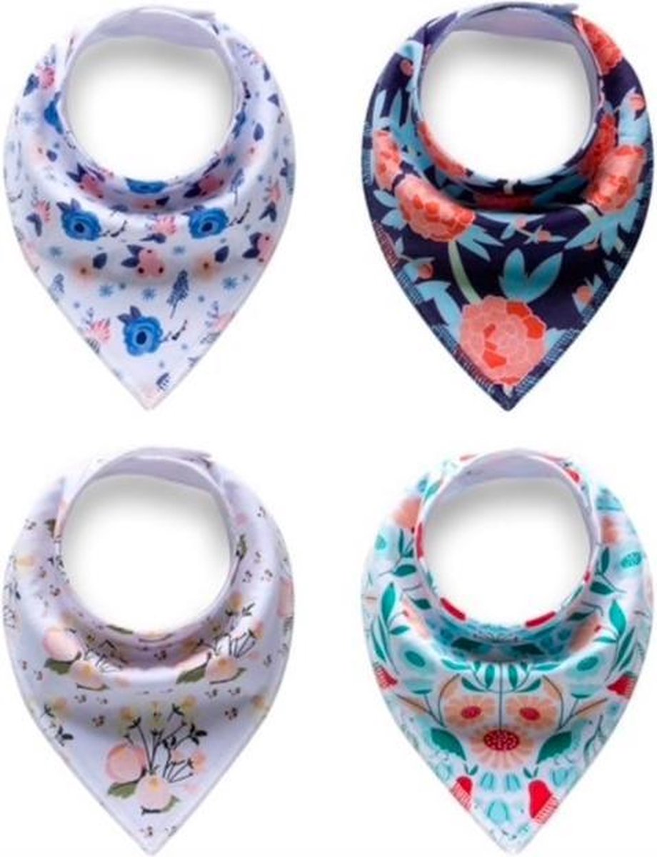 JillyBee - Slab - Slabbetje - Slabber - Bandana - 4pack - Bloemen - Blauw - Groen - Roze - Geel