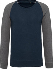 Tweekleurige herensweater BIO ronde hals raglanmouwenDonker Blauw / Grijs Maat S