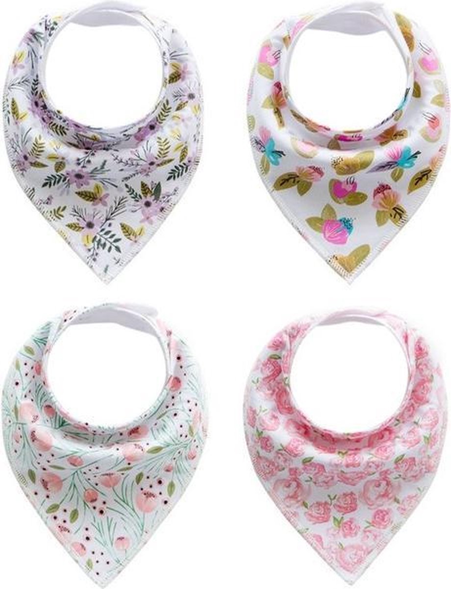 JillyBee - Slab - Slabbetje - Slabber - Bandana - 4pack - Bloemen - Roze - Paars - Groen - Wit
