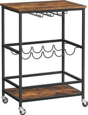 Nancy's Beecher Keukentrolley - Serveerwagen - Barwagen - Op Wieltjes - Flessenrek - Glazenhouders - Bruin - Zwart - Bewerkt Hout - Metaal - 60 x 40 x 75 cm