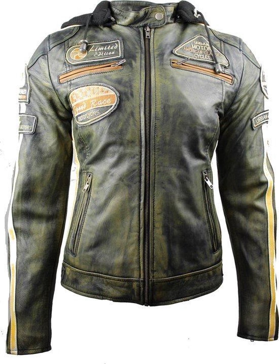 Urban Leather Fifty Eight Leren Motorjas Dames - Vintage Groen- Maat- 5XL