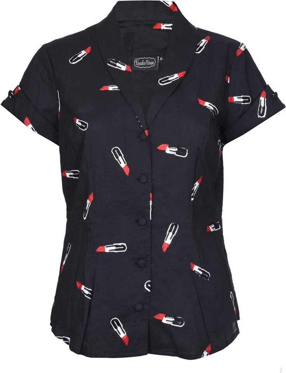 Voodoo Vixen Blouse -M- Skylar geborduurde lippenstift Zwart
