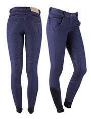 QHP  Rijbroek Denim anti-slip zitvlak Blauw 34