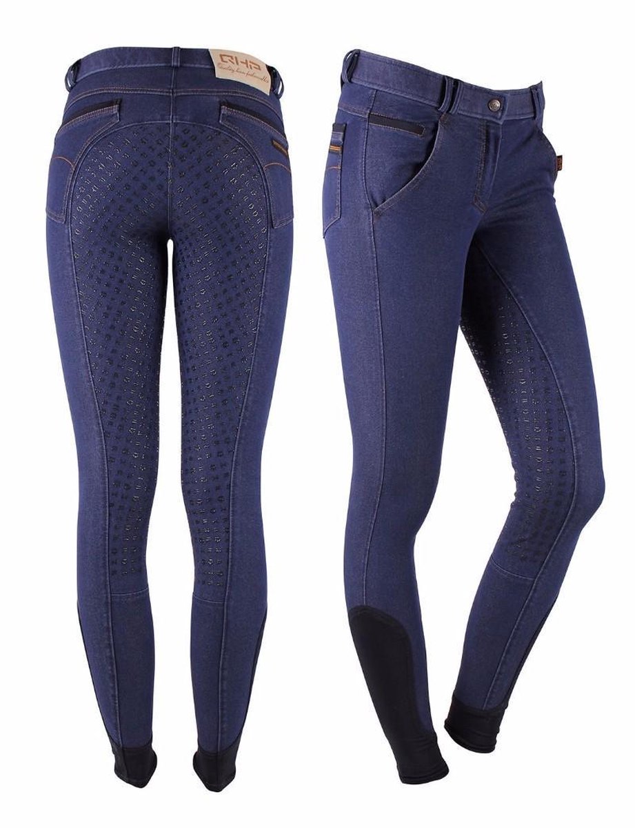 QHP  Rijbroek Denim anti-slip zitvlak Blauw 34