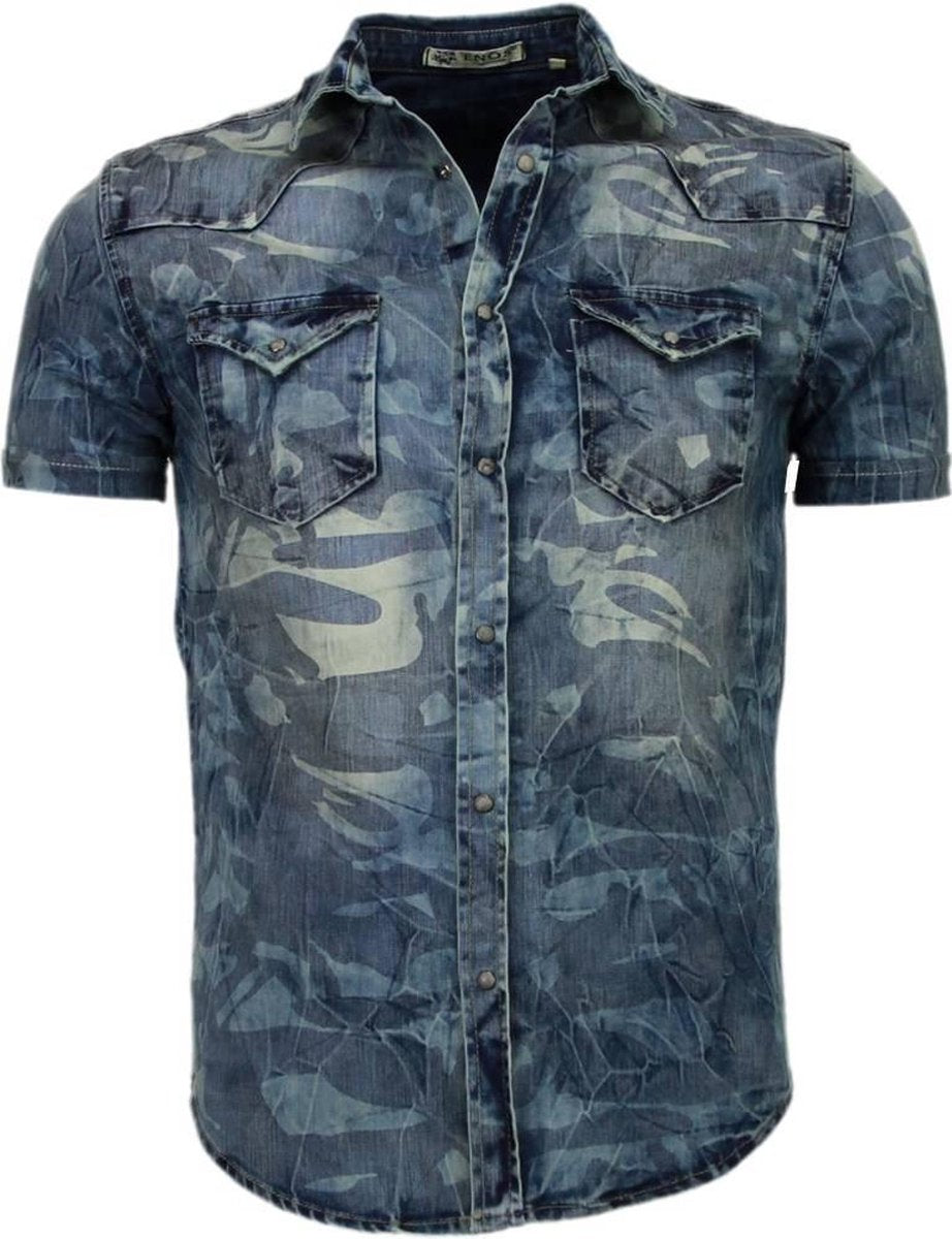Enos Denim Heren Overhemd - Korte Mouwen - Leger Motief - Blauw - Maat: M