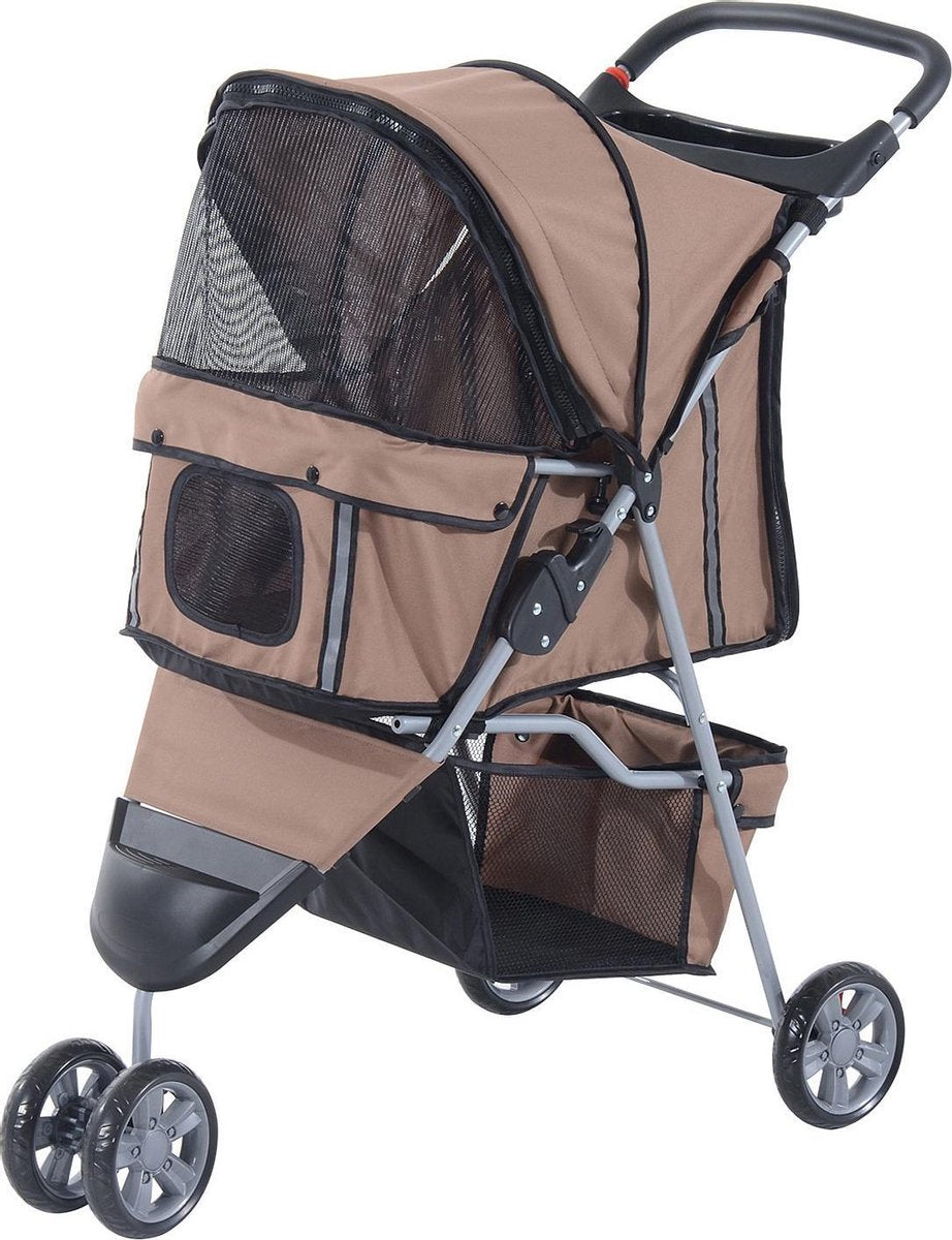 PawHut Hondenbuggy met zonnedak en opbergnet bruin 75 x 45 x 97cm
