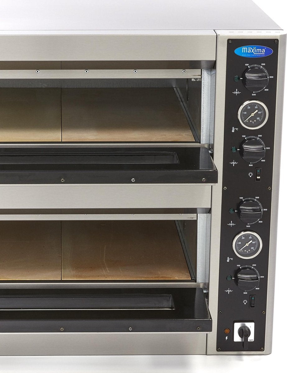 Dubbele Pizza Oven 4 + 4 x 30 cm - 8 Pizza's - 400V - RVS - Variabele Thermostaat tot 500 Graden - per Kamer Instelbaar - Stenen Platen - Maxima