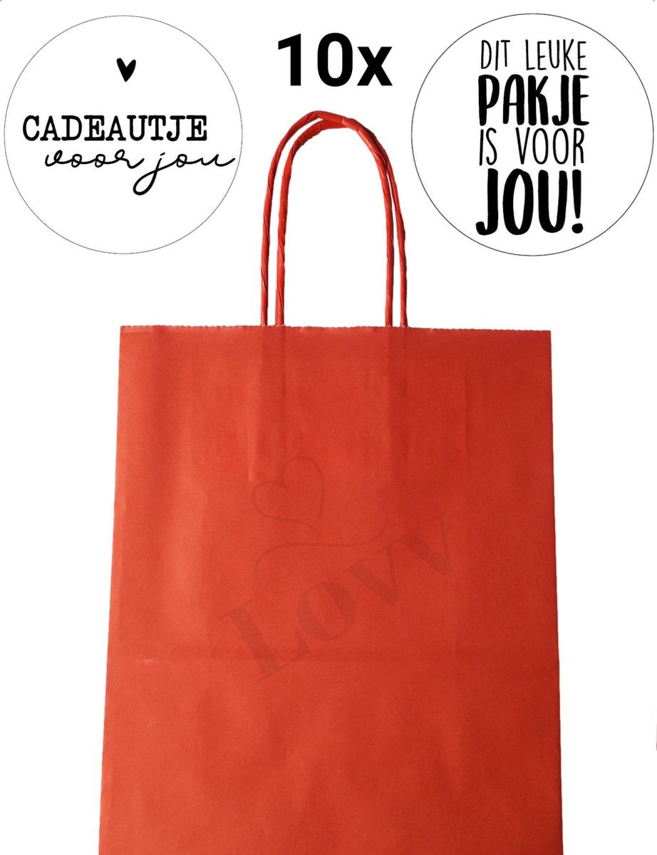 Papieren Tasjes- 10 Stuks-Met Stickers-Inclusief Verzenden-Uitdeelzakjes-Papieren Zakjes-Cadeauzakjes-Cadeautasjes-Papieren Draagtas-18+8x24 cm-Rood