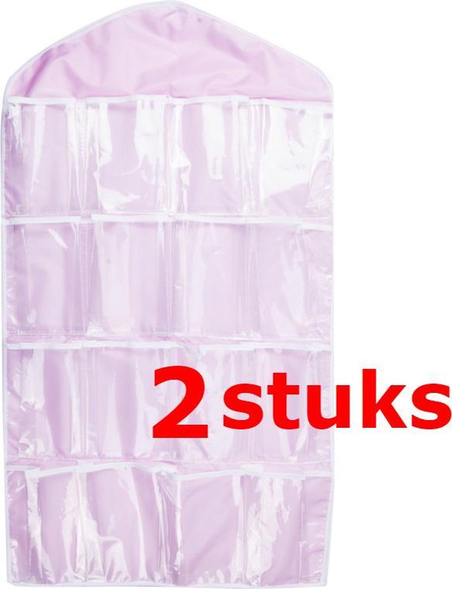 2 STUKS Ophangbare Opbergzak / Organizer met Ophanghaak | Multi Functionele Opbergzak voorzien van 16 Opbergvakken | Voor: Sieraden / Sokken / Ondergoed / Lingerie etc. | Kleding organizer | Handig Opbergen In uw Kledingkast | Kleur: ROZE (2 Stuks)