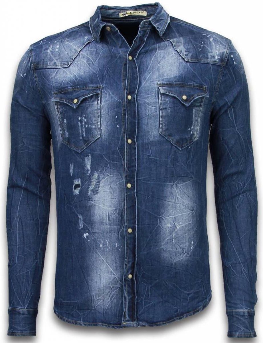 Enos Denim Shirt - SpijkerBlouse Slim Fit Long Sleeve - Vintage Look - Blauw - Maat: S