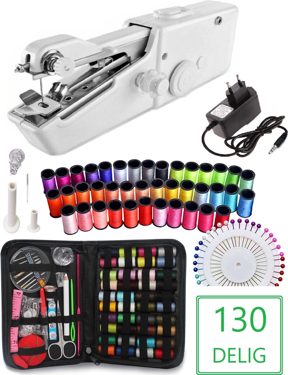 Handy Stitch - PREMIUM Handnaaimachine met Adapter en 130 Delige Starterskit -- Draadloos - Draagbare Reis Hand Naaimachine - Incl. 43 spoelen met garen