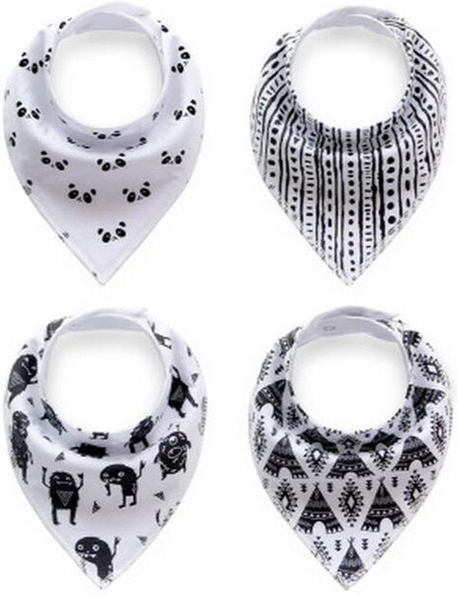 JillyBee - Slab - Slabbetje - Slabber - Bandana - 4pack - Panda - Tipitent -Rondjes - Streepjes - Wit - Zwart