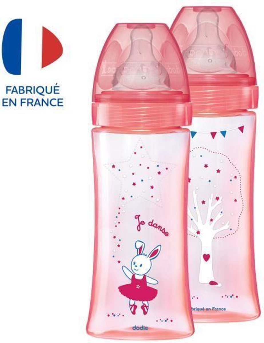 DODIE Lot van 2 anti-koliekflessen Initiation + - 330ml - ROSE DANCER - ronde spenen 3 snelheden flow 3