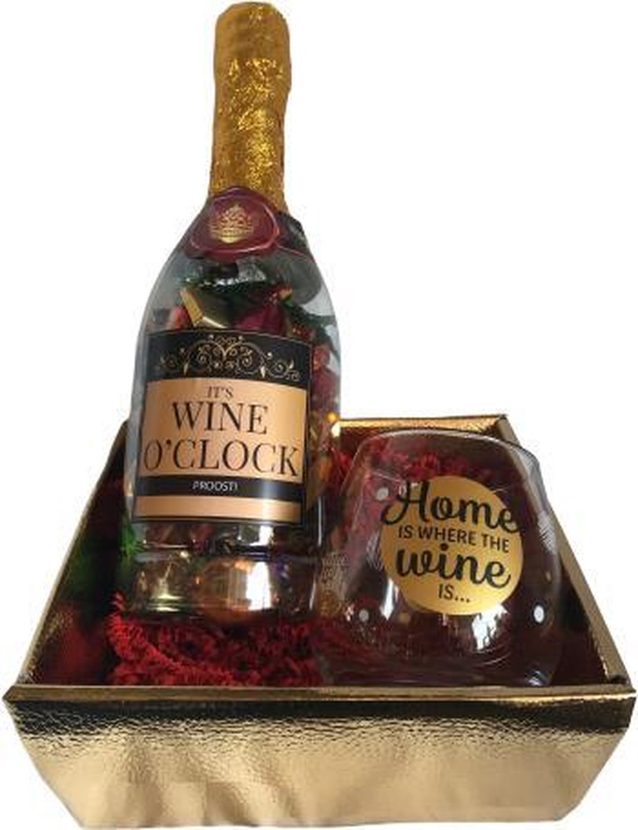 Moederdag - Verjaardag - Cadeaupakket Wijn - Champagnefles met tekst "It's Wine o'clock" - Gevuld met luxe cocktailmix - Wijnglas met tekst "Home is where the wine is…" - In cadeauverpakking met gekleurd lint