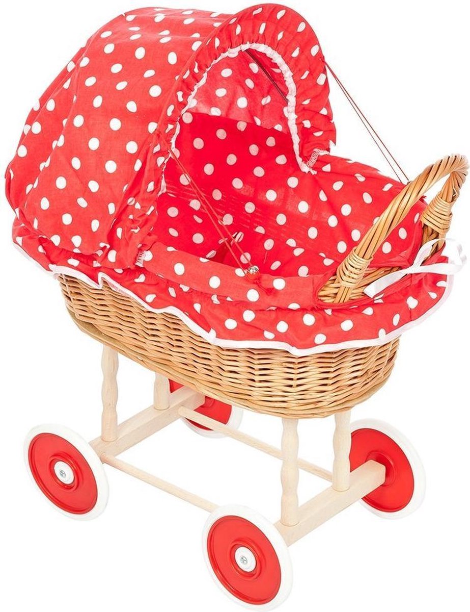 forbabies Rieten Poppenwagen Rood Stippen Bekleding & Roden Wielen