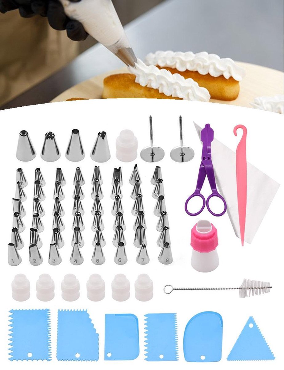 Goodlux cake decoratie set – Taart decoratie –  Cupcake decoratie - RVS spuitmondjes - Spuitzakken – 72 delig