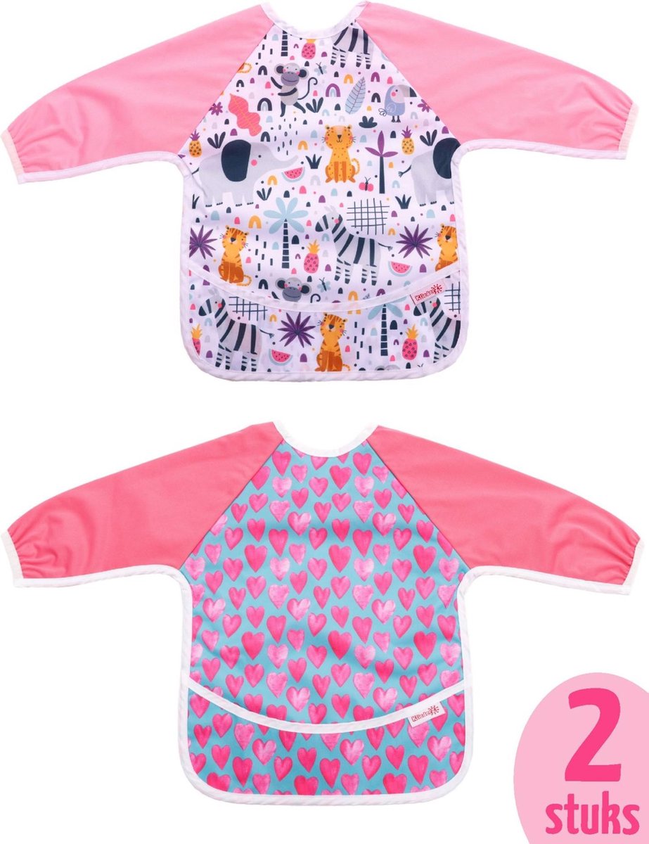 Slab met mouwen + opvangbakje van KliederZ | roze set lange mouwslab 12 - 30 mnd | meisjes babyslabbers hartjes 2 stuks LB09