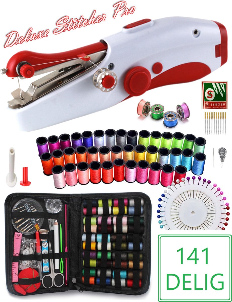 Deluxe Stitcher Pro - PREMIUM Handnaaimachine met 141 Delige Starterskit -- Incl 11 reserve naalden -- Draagbare Reis Hand Naaimachine -- Incl. 44 spoelen met garen -- Draadloos