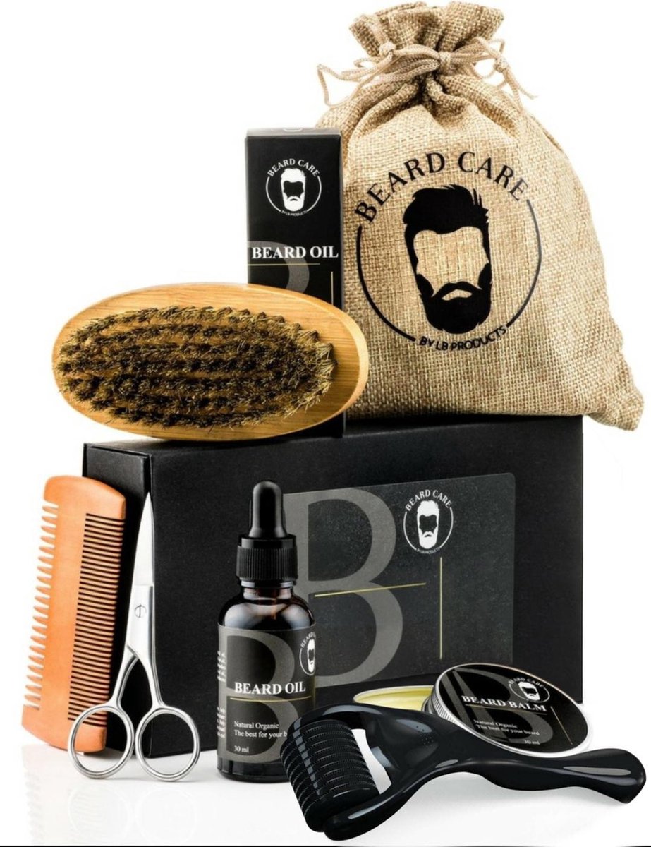 Baardverzorging set + Baard / Derma roller | Baardolie | BaardBalsem | Baardkam | Baardborstel I Giftset I Geschenkset | voor Mannen | Baardgroei | Schaar| Baardset | Kado man | Cadeau voor hem