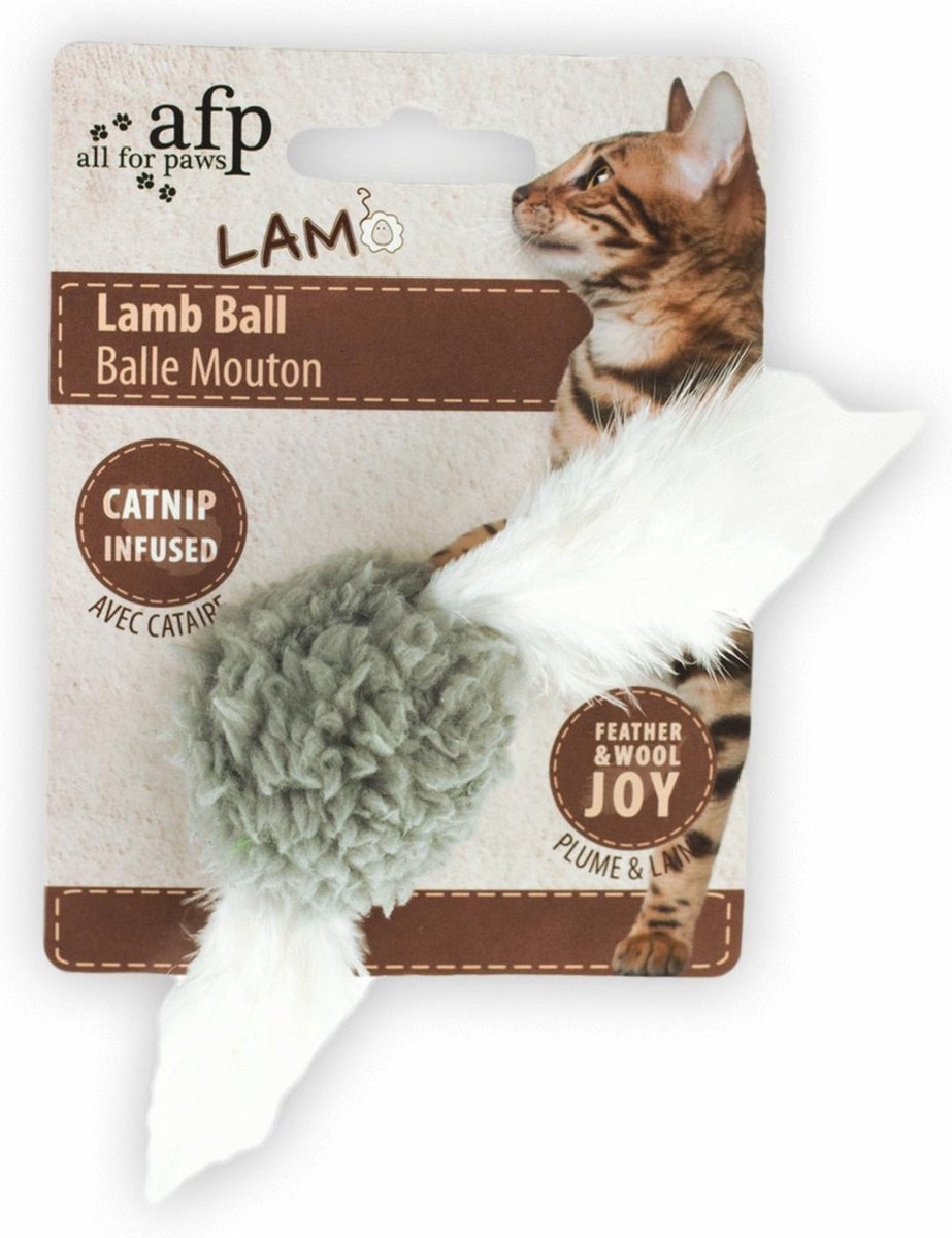 Afp lamb ball lamswol met veren vogel geluid en catnip assorti 5x5x3 cm