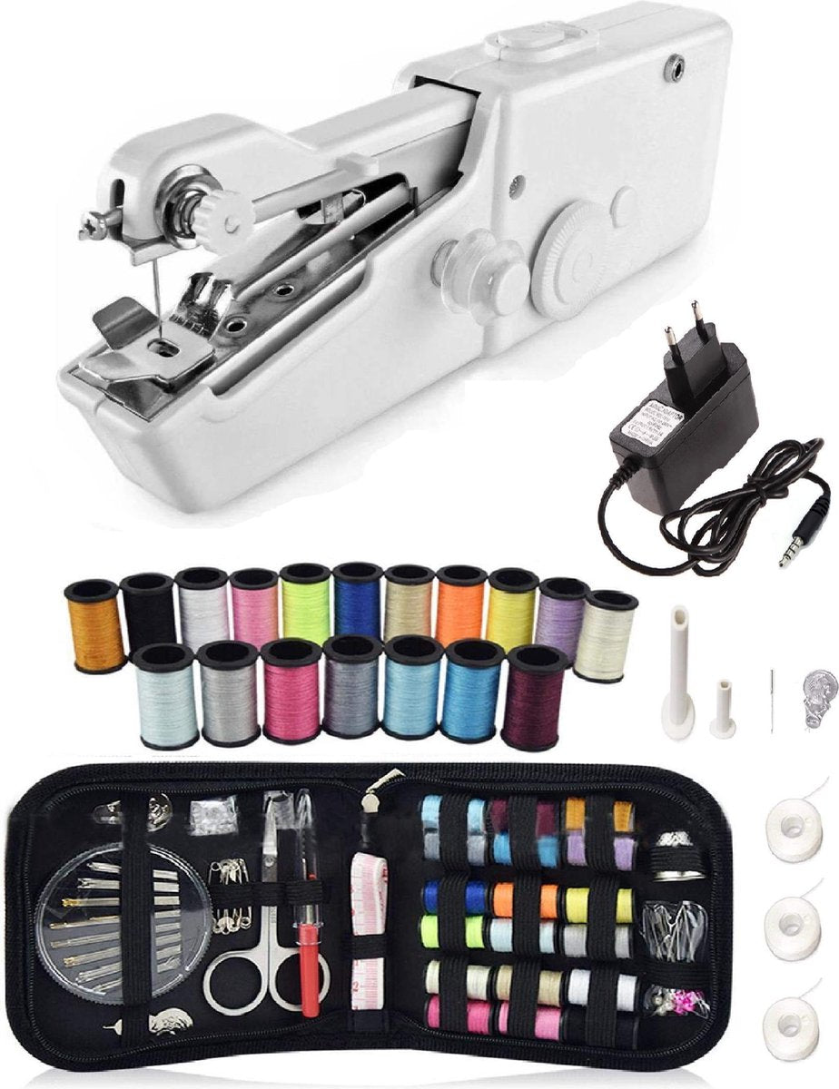 Handy Stitch - PREMIUM Handnaaimachine met Adapter + 79 Delige Starterskit - Mini naaimachine - Compact - Draadloos - Draagbaar - Incl. 21 Spoelen garen - Elektrisch of op Batterijen