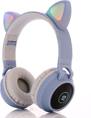 Kinder hoofdtelefoon - koptelefoon Bluetooth met led kattenoortjes licht blauw