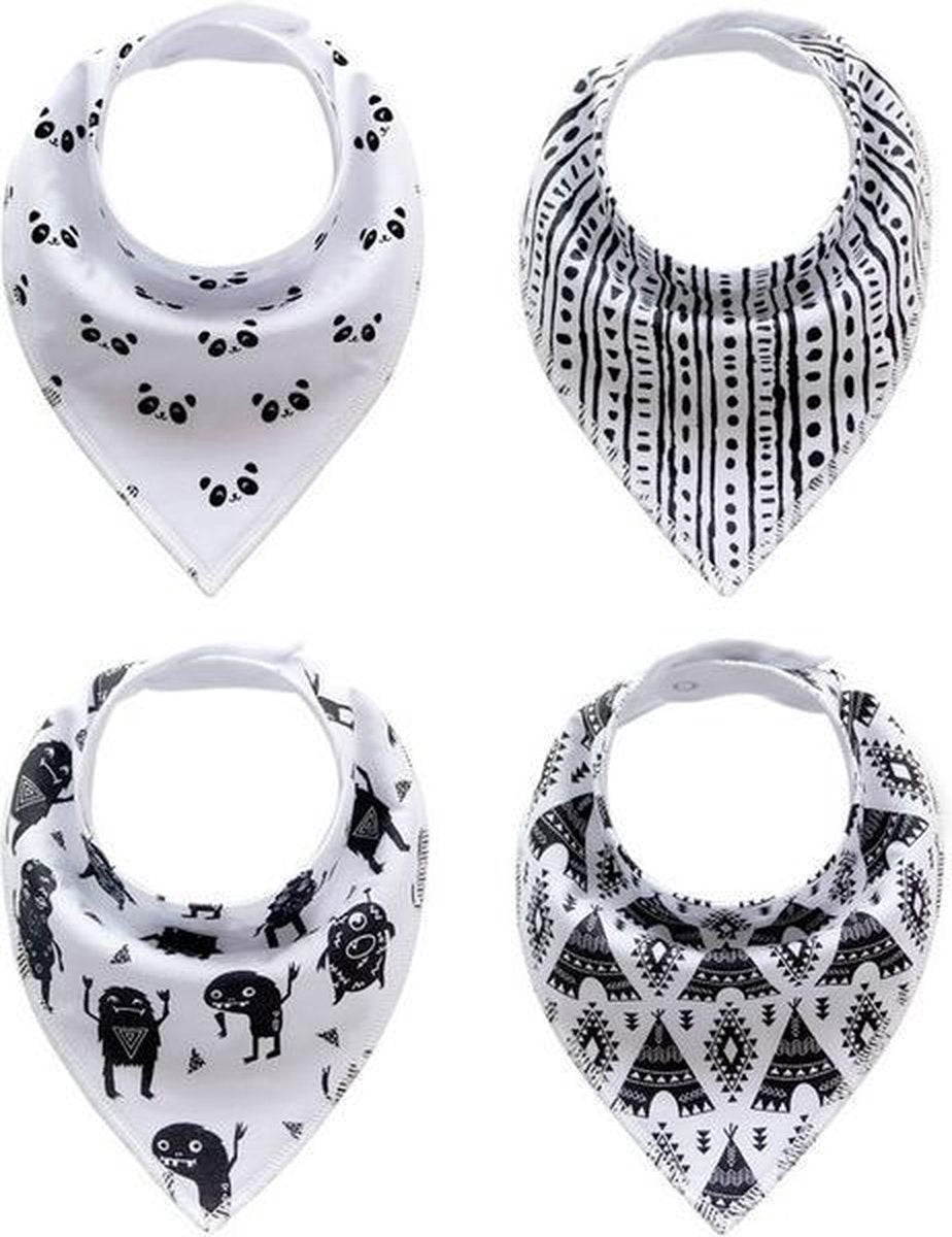 JillyBee - Slab - Slabbetje - Slabber - Bandana - 4pack - Panda - Pandabeer - Tipitent - Tipi - Zwart - Wit