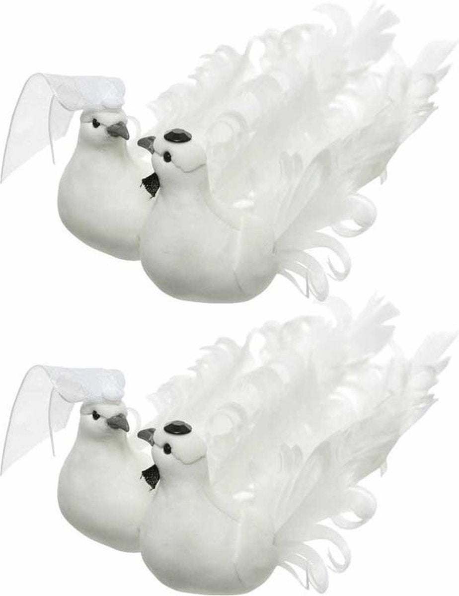 2x Witte duiven vogels trouwpaar decoratie 16 cm op clip - Bruiloft/huwelijk/trouwerij versieringen - Bruidstaart figuurtje