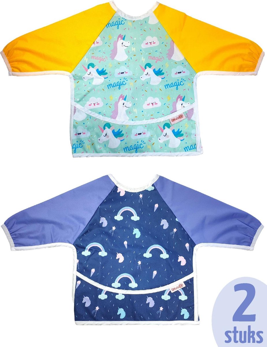 Slab met mouwen van KliederZ | Unicorn lange mouwslab 6 - 18 mnd | meisjes babyslabbers met opvangbak 2 stuks LB07