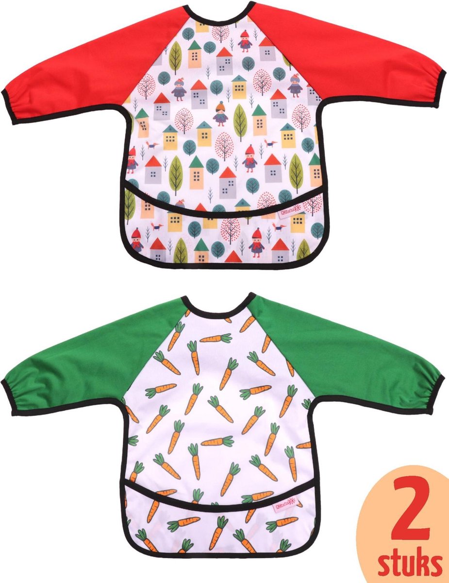 Slab met mouwen + opvangbakje van KliederZ | rode groene set lange mouwslab 12 - 30 mnd | jongens babyslabbers 2 stuks LB10