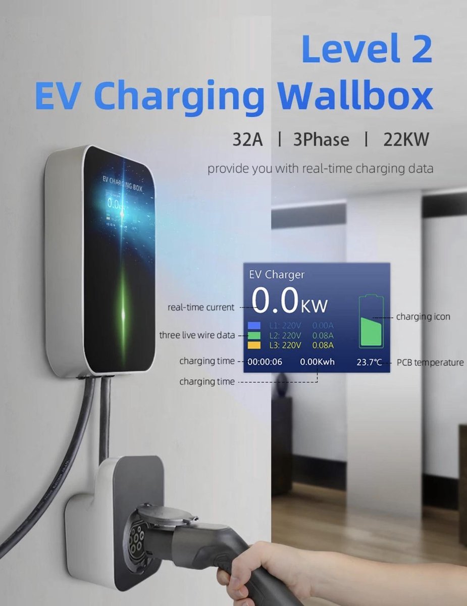 Laadpaal Wallbox Laadstation EV Charger 22kw 32A 3-Fase Type 2 Stopcontact