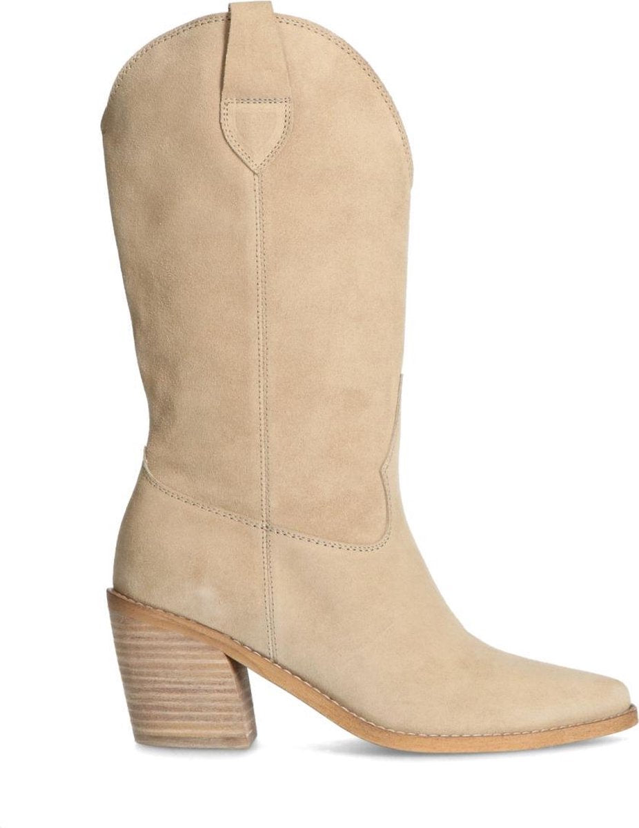 Manfield - Dames - Beige suède cowboylaarzen met hoge hak - Maat 38