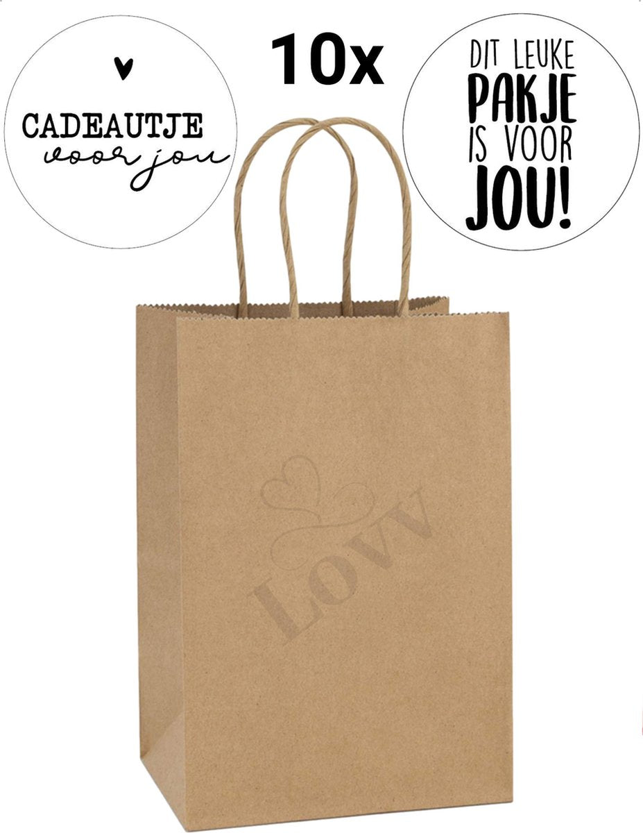 Papieren Tasjes- 10 Stuks-Met Stickers-Inclusief Verzenden-Uitdeelzakjes-Papieren Zakjes-Cadeauzakjes-Cadeautasjes-Papieren Draagtas-18+8x22 cm-Kraftkleurig